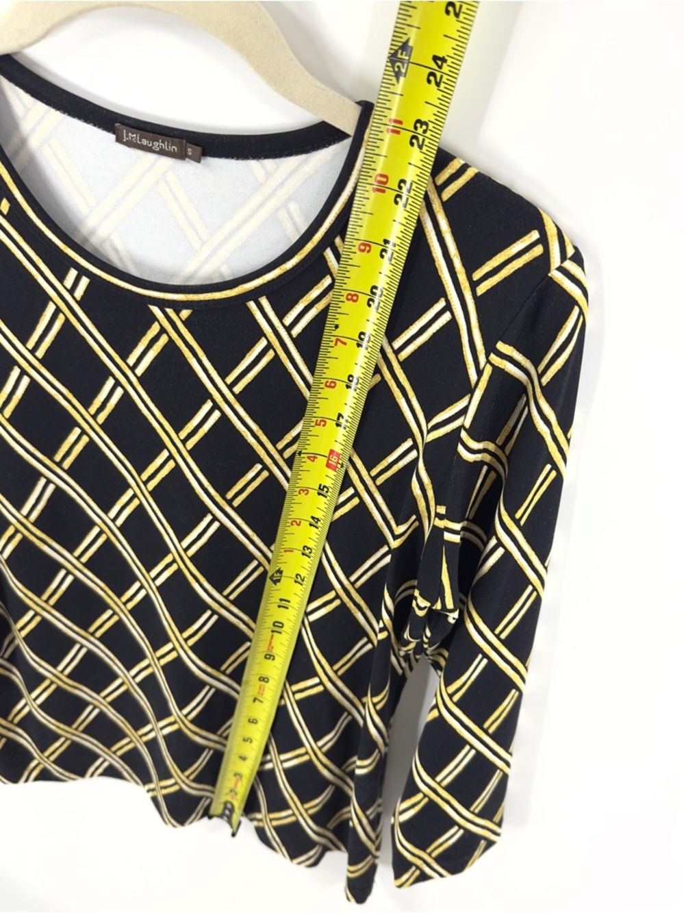 J McLaughlin Catalina Cloth Lattice Print Top Size Small Stretch Black Gold - Picture 7 of 7